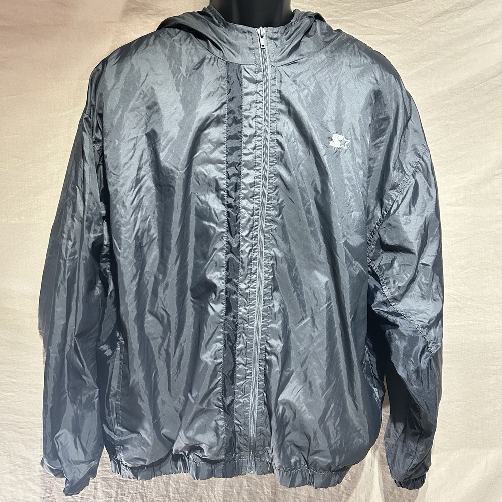 Vintage Starter Windbreaker Jacket Mens Large Black Hooded Full Zip Nylon Y2K